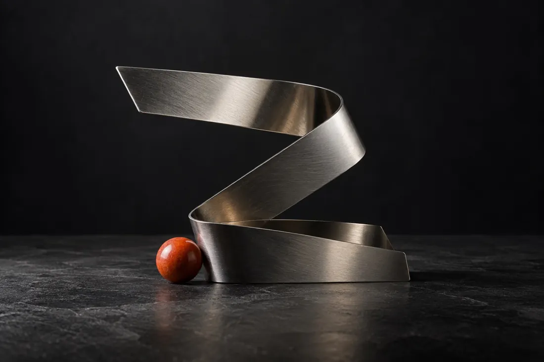 AI 生成的金属折带雕塑,呈开放的 Z 形